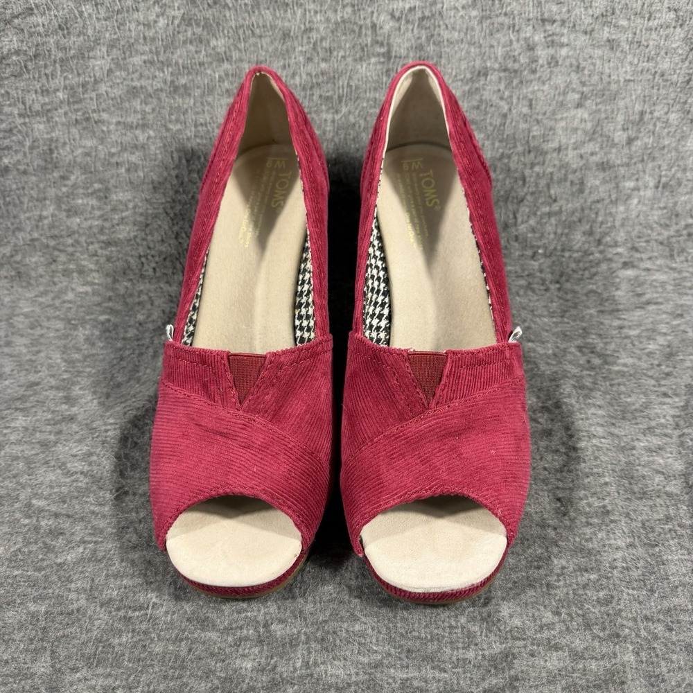 Toms Women's Classic Corduroy Wedge Wine Open Toe Sandal Espadrille Size 9